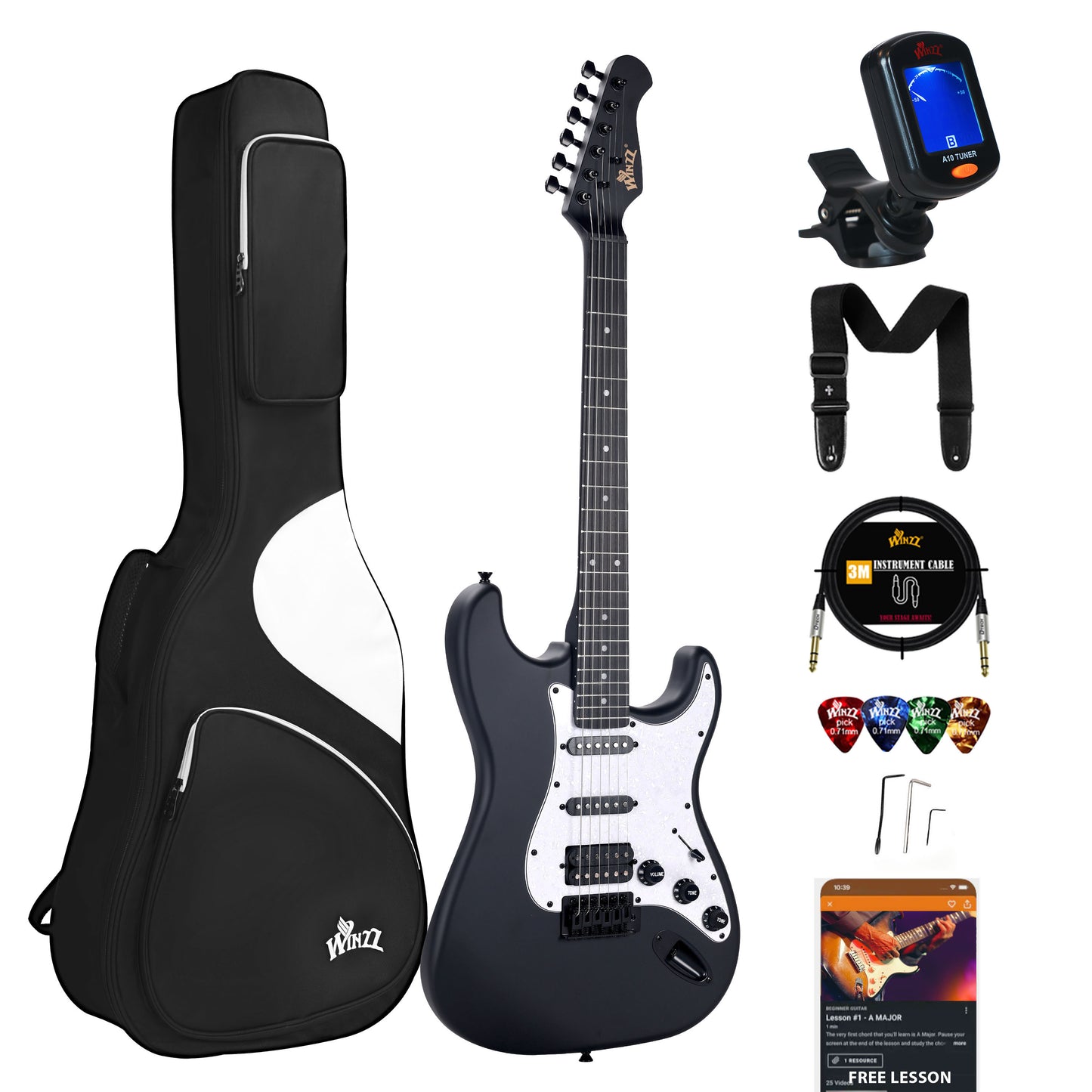 WINZZ Solid Poplar Wood Electric Guitar With White Pickguard - 39-Inch Beginner-Friendly Design, Perfect for Practice and Performance
