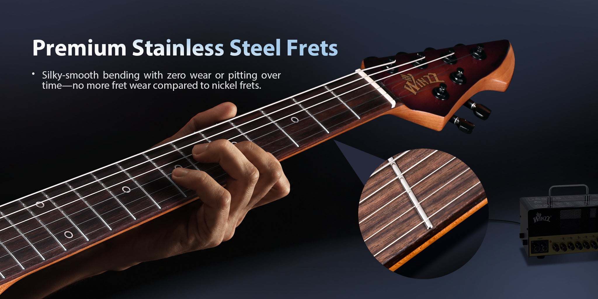 Premium Stainless Steel FretsSilky-smooth bending with zero wear or pitting over time—no more fret wear compared to nickel frets.