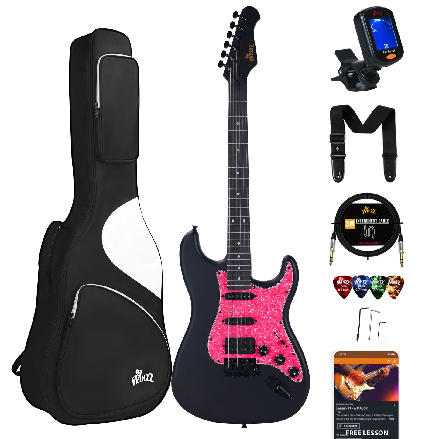 WINZZ Solid Poplar Wood Electric Guitar With Pink Pickguard - 39-Inch Beginner-Friendly Design, Perfect for Practice and Performance