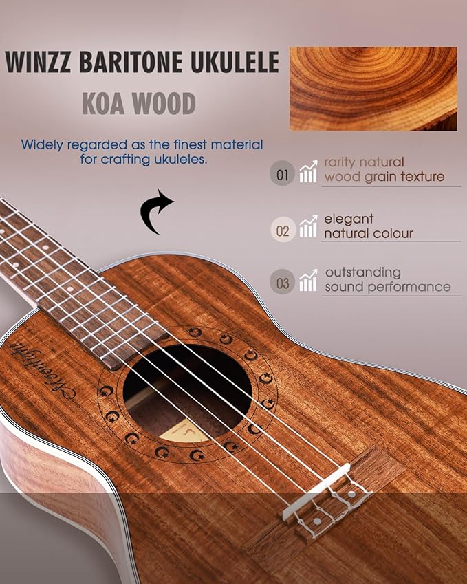 WINZZ AU50L Solid Koa Concert Ukulele, Natural Matte