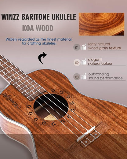 WINZZ AU50L Solid Koa Concert Ukulele, Natural Matte