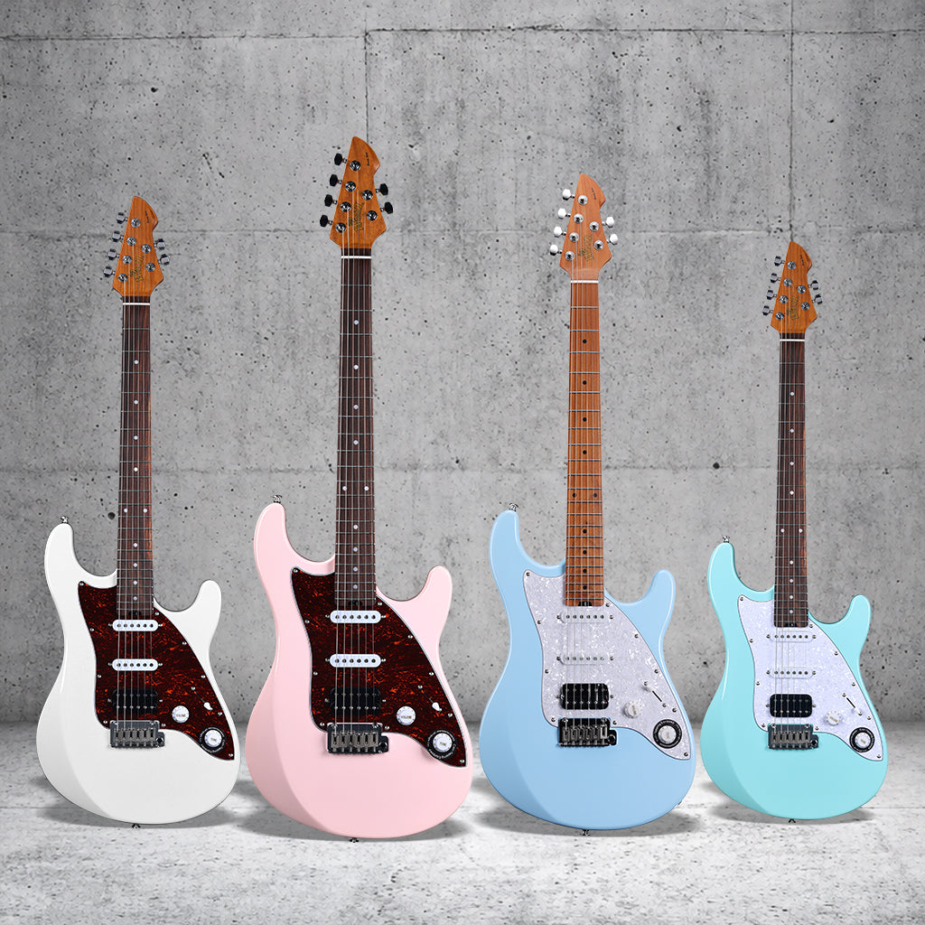 Guitarra eléctrica WINZZ Gravity Series-WGS100 de cuerpo de aliso macizo con mástil de arce tostado, pastillas HSS, diapasón de palisandro, cuerdas D'Addario EXL120 y mini trémolo de doble bloqueo.