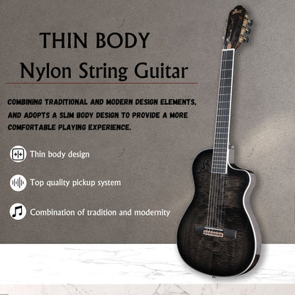 WINZZ WCG170CE 39-Inch Thin Body Classical-Electric Guitar - Nylon Strings, Built-in Preamp, Wide fingerboard,Perfect for Stage and Practice