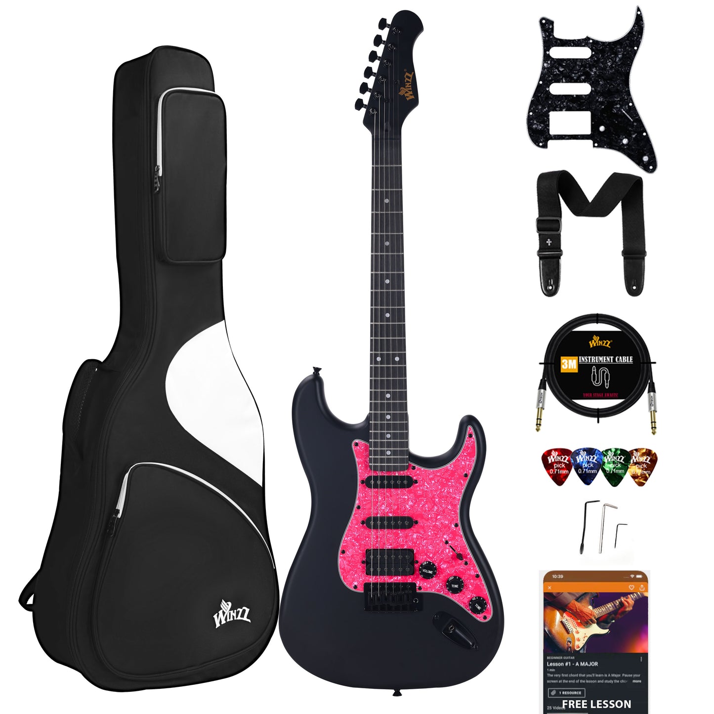 WINZZ Solid Poplar Wood Electric Guitar With Pink Pickguard - 39-Inch Beginner-Friendly Design, Perfect for Practice and Performance