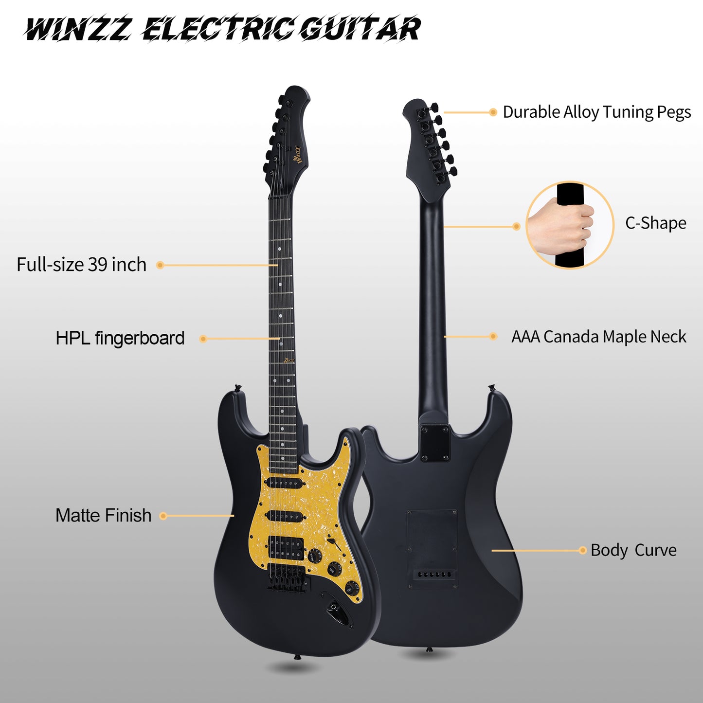 Guitarra eléctrica WINZZ de madera maciza de álamo para principiantes: kit completo de 39 pulgadas con accesorios