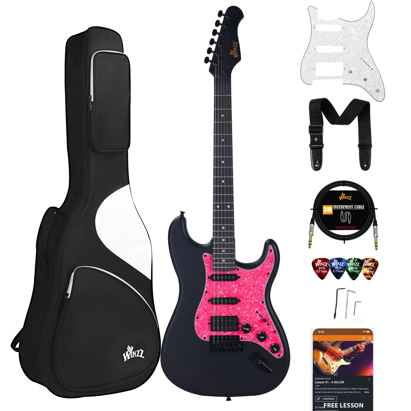 WINZZ Solid Poplar Wood Electric Guitar With Pink Pickguard - 39-Inch Beginner-Friendly Design, Perfect for Practice and Performance