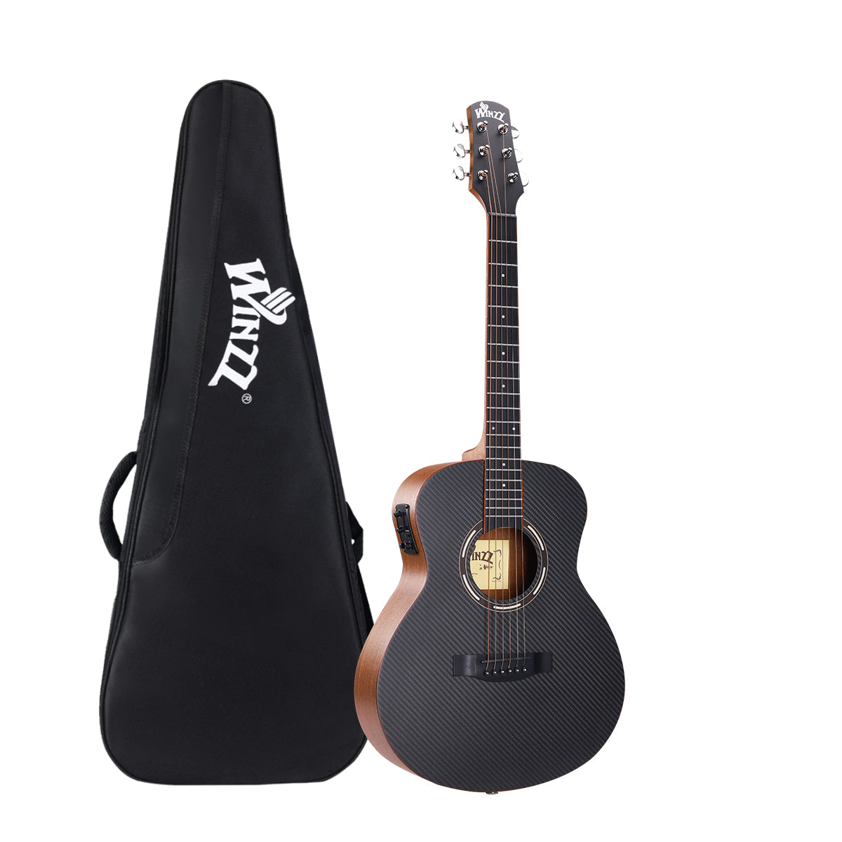 WINZZ AFC77E 36" Travel Guitar – Carbon Fiber Top, Mahogany Body, Okoume Neck, HPL Fingerboard, Optional EQ, 8mm Padded Gig Bag