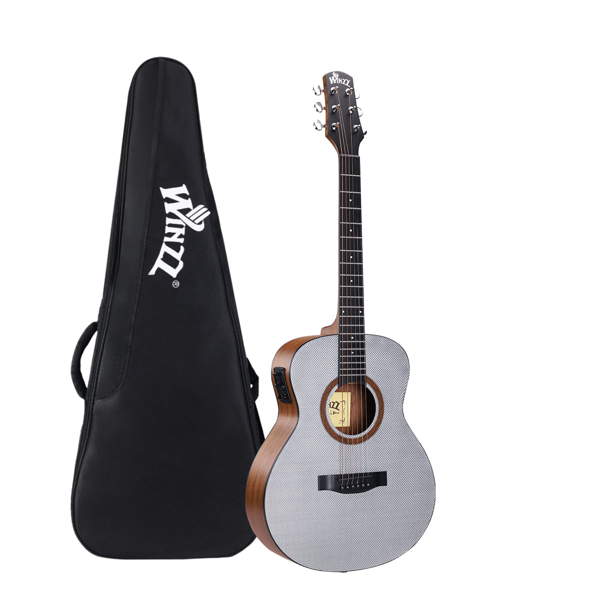 WINZZ AFC77E 36" Travel Guitar – Carbon Fiber Top, Mahogany Body, Okoume Neck, HPL Fingerboard, Optional EQ, 8mm Padded Gig Bag