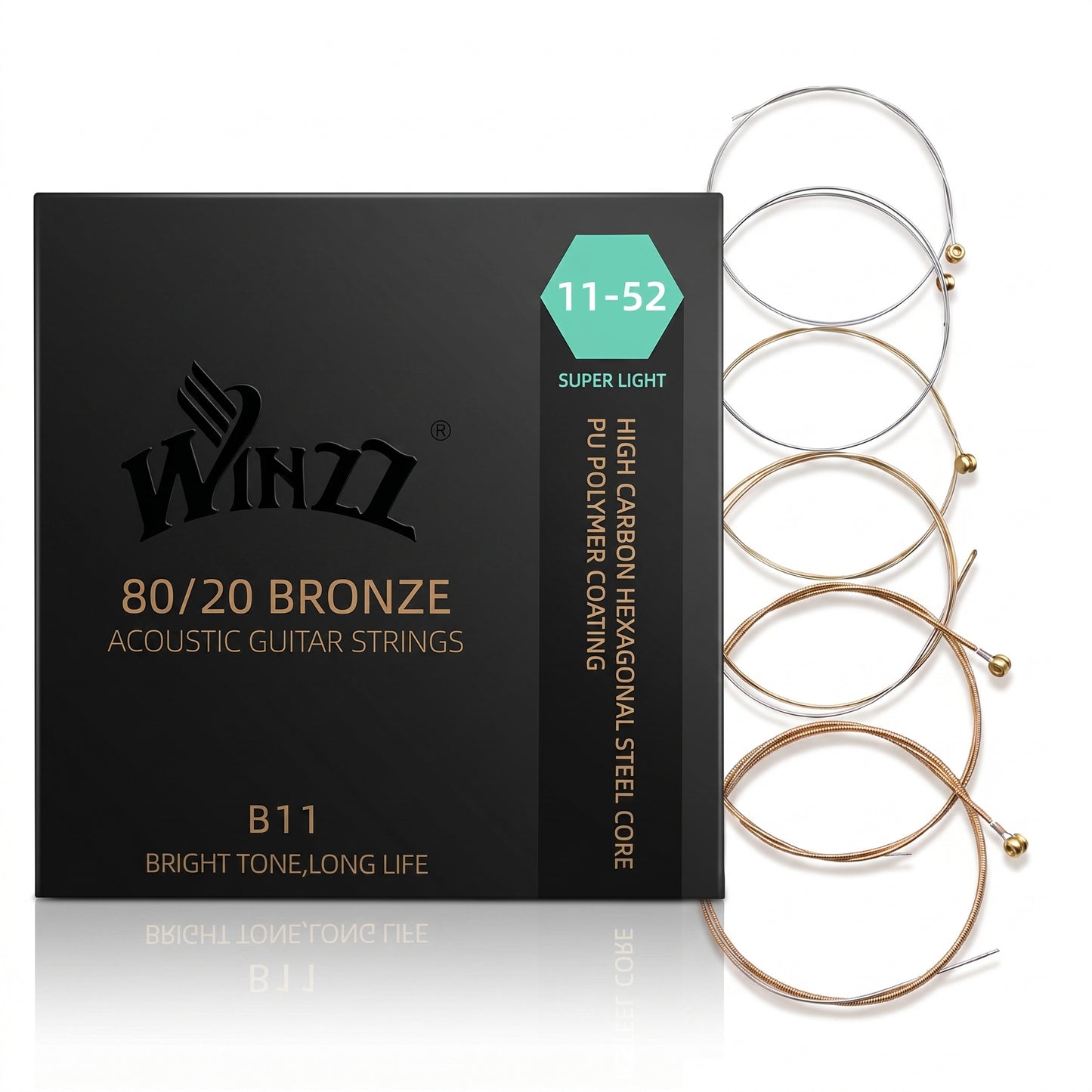 WINZZ Acoustic Guitar Strings Set – Hex Core High Carbon Steel with 80/20 Bronze Wound and Anti-Rust PU Coating
