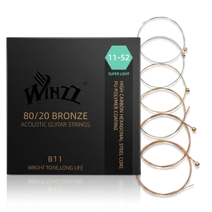 WINZZ Acoustic Guitar Strings Set – Hex Core High Carbon Steel with 80/20 Bronze Wound and Anti-Rust PU Coating