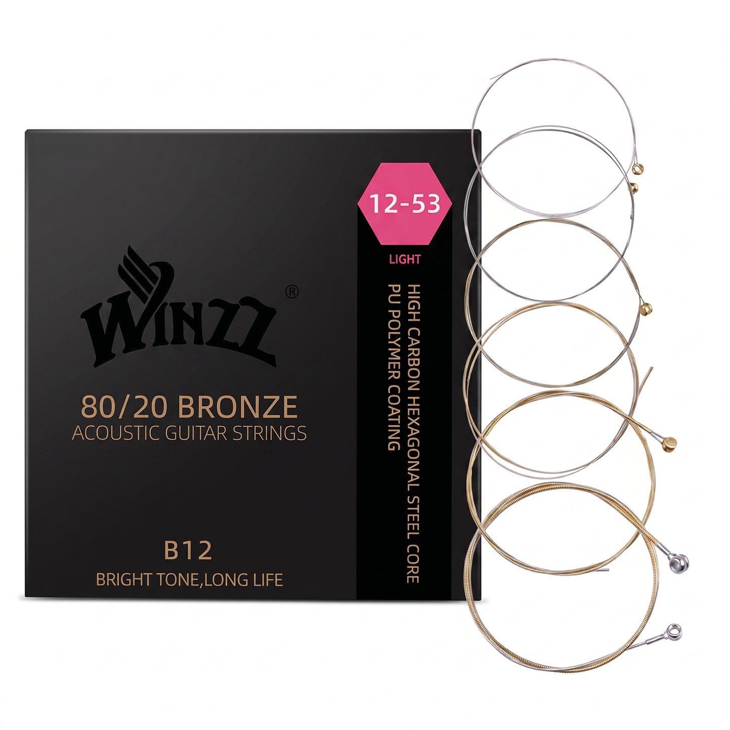 WINZZ Acoustic Guitar Strings Set – Hex Core High Carbon Steel with 80/20 Bronze Wound and Anti-Rust PU Coating