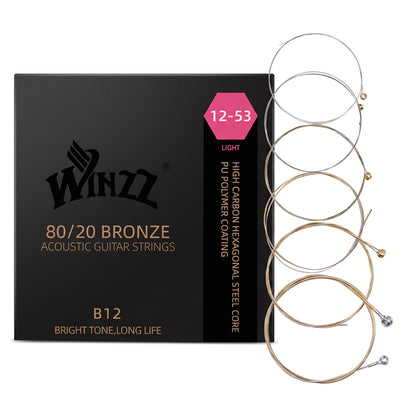 WINZZ Acoustic Guitar Strings Set – Hex Core High Carbon Steel with 80/20 Bronze Wound and Anti-Rust PU Coating