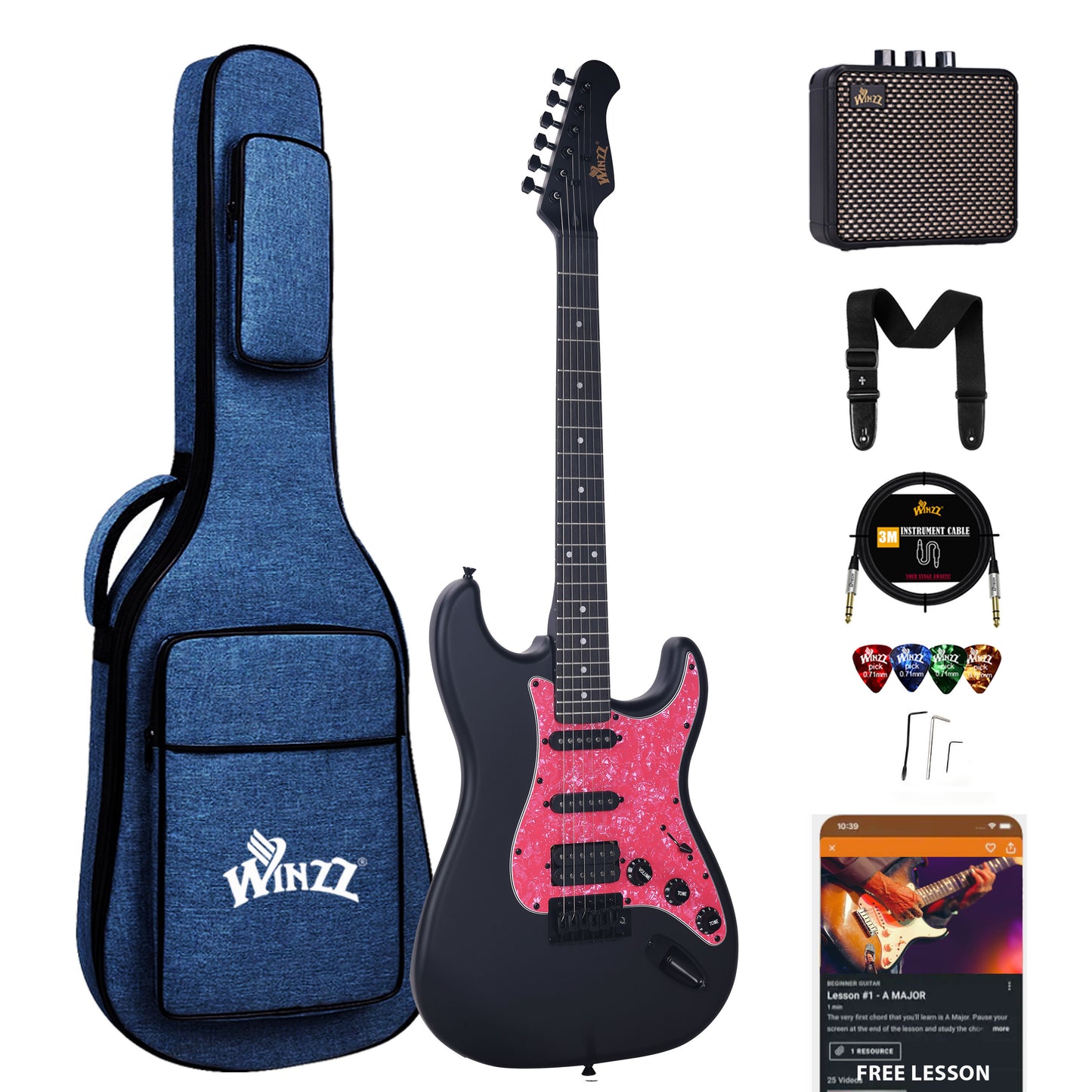 (Liquidación) Guitarra eléctrica WINZZ de madera maciza de álamo - Diseño de 39 pulgadas para principiantes, ideal para practicar y tocar.