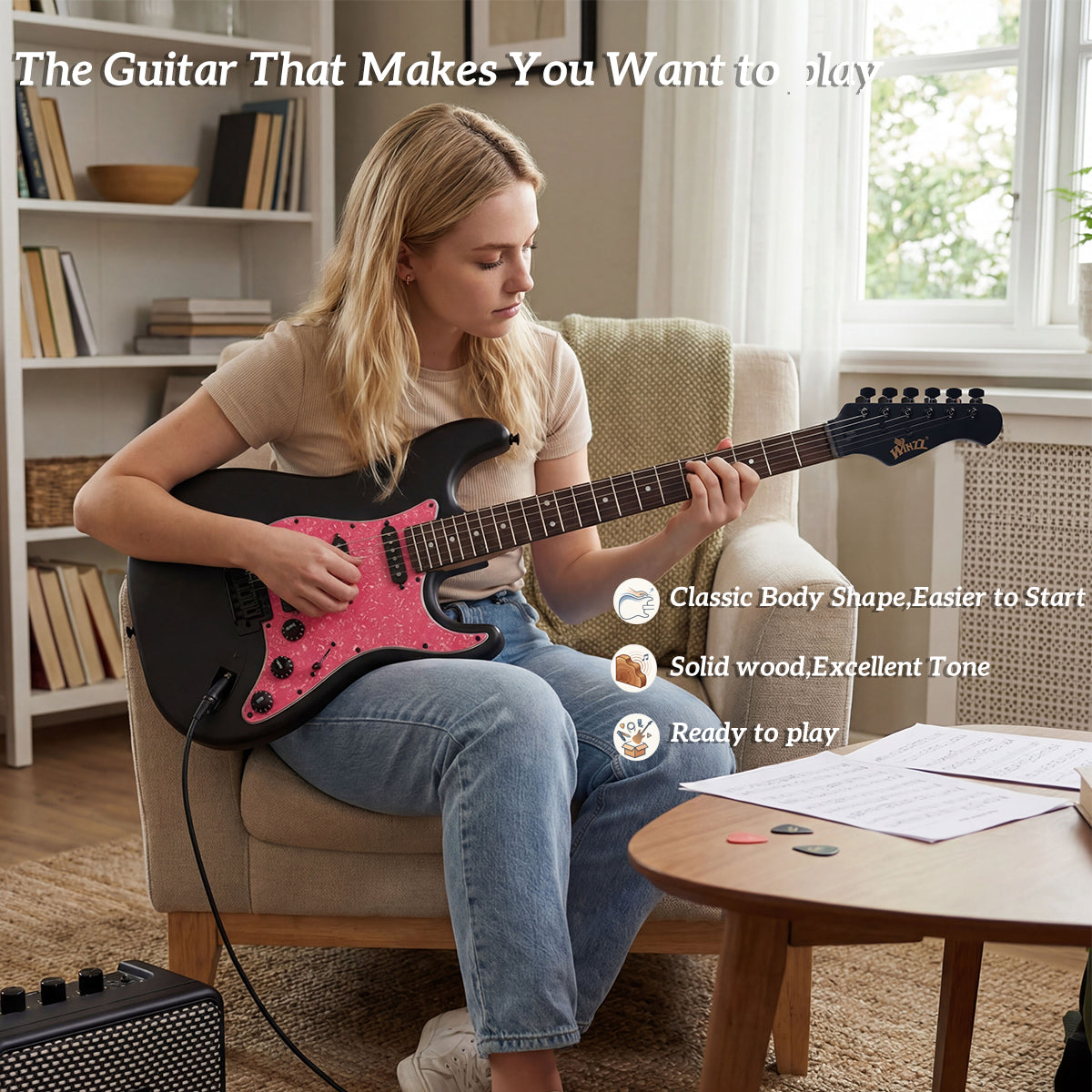 WINZZ 39-Inch EGS112H Solid Poplar Body Electric Guitar Set for Beginners With Stylish Pink Pickguard