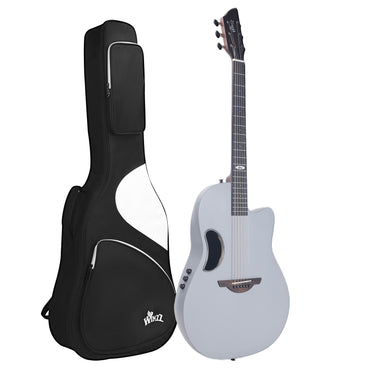 A stylish electro-acoustic guitar with a solid spruce top, sleek matte gray body, and carbon fiber back, designed for modern musicians seeking elegance and performance