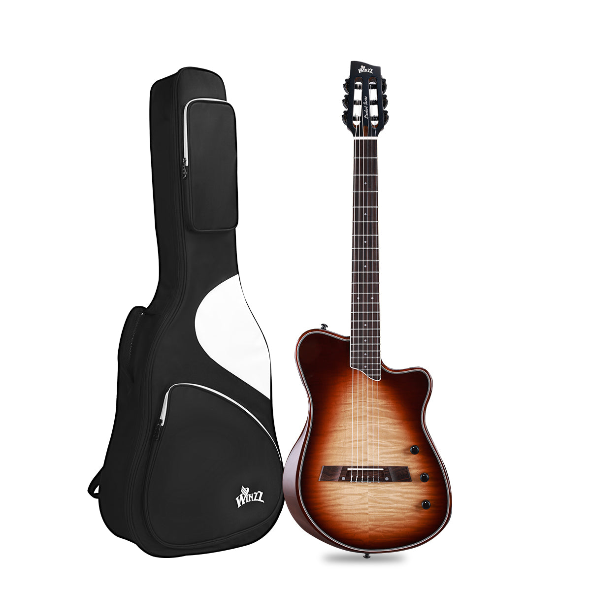 WINZZ WCG370 Solid spruce top with flamed maple veneered -Solid chambered okoume body -Rosewood fingerboard and bridge -Oxbone nut and saddle -Glossy finish body with satin okoume neck