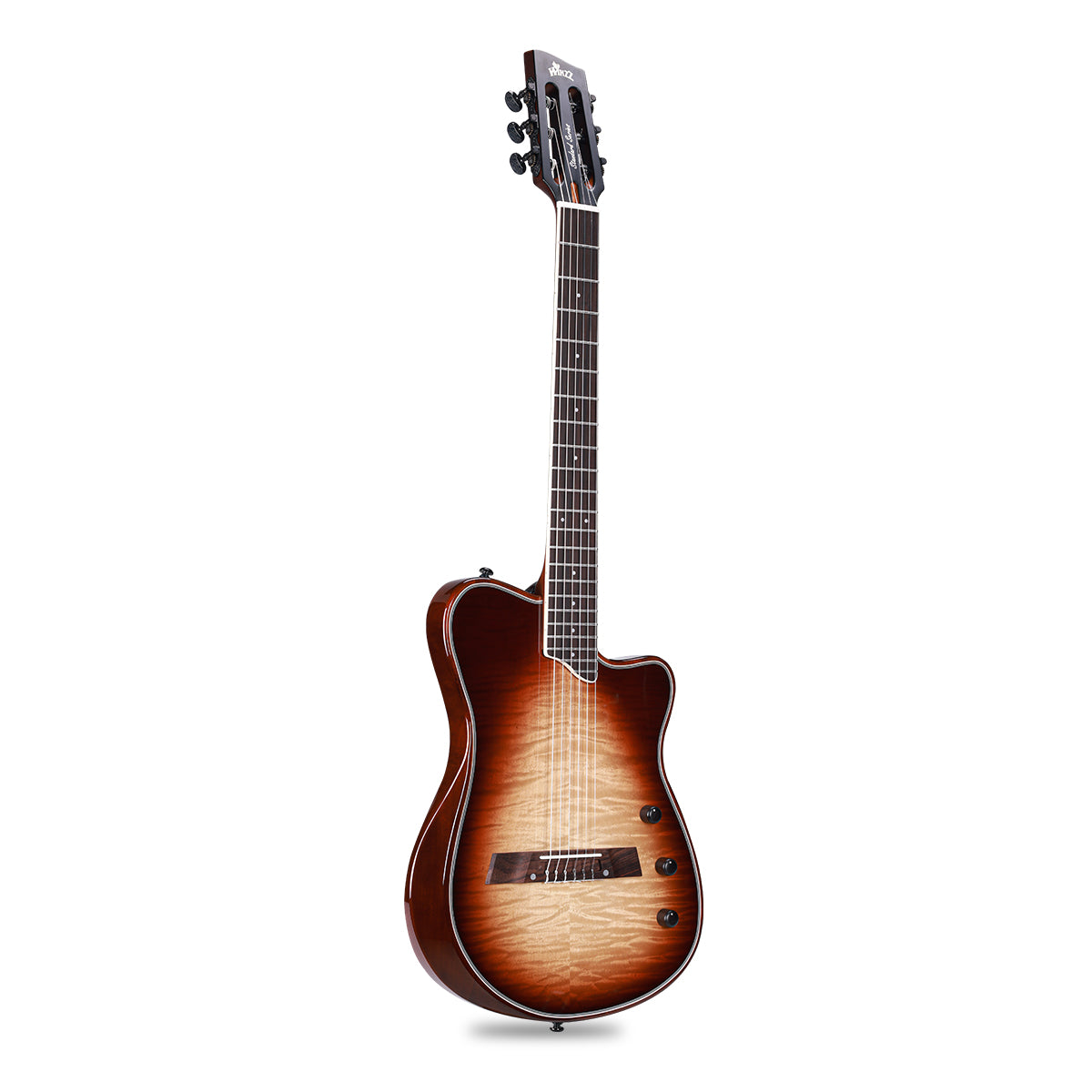 WINZZ WCG370 Solid spruce top with flamed maple veneered -Solid chambered okoume body -Rosewood fingerboard and bridge -Oxbone nut and saddle -Glossy finish body with satin okoume neck