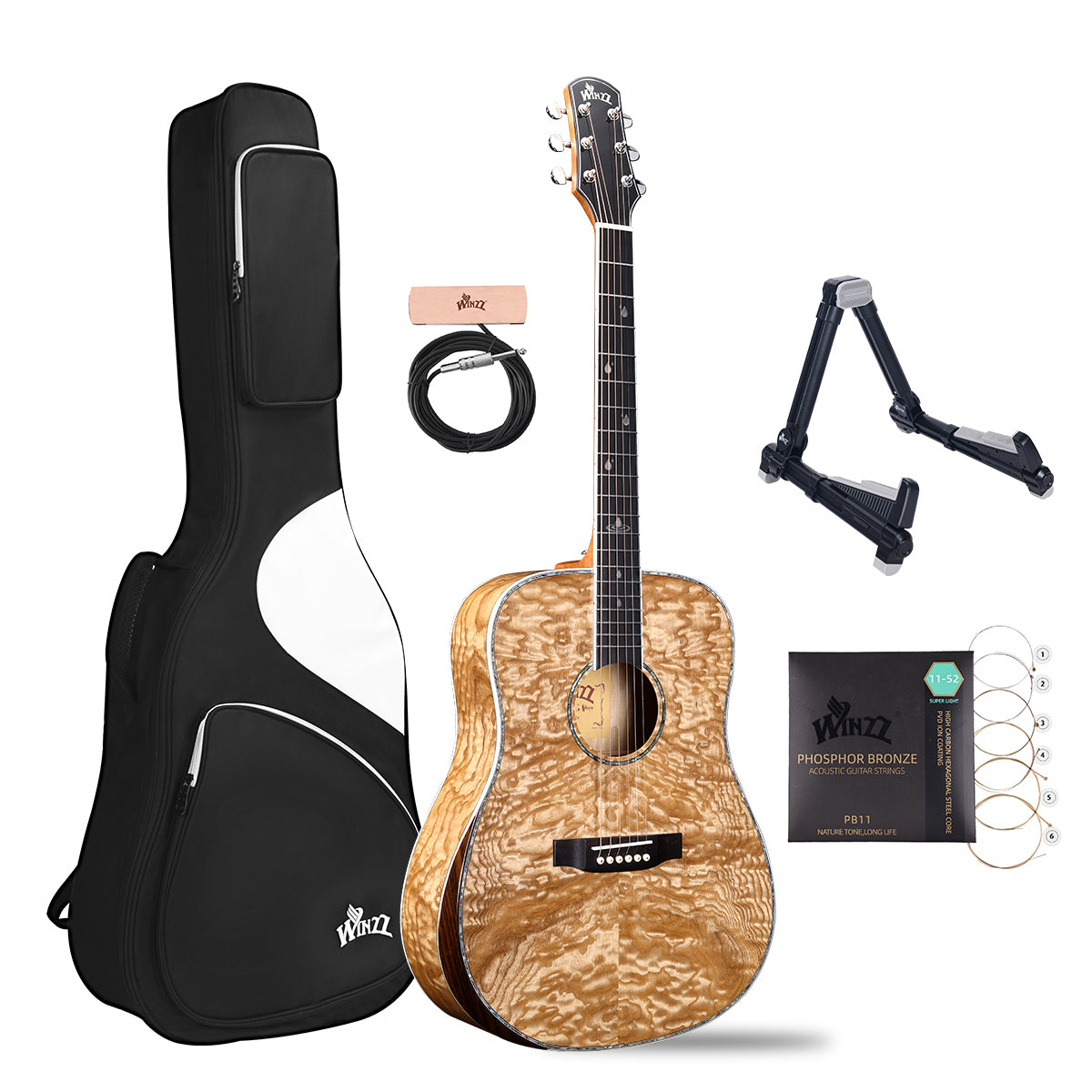 WINZZ 41-Inch Flamed Ash Dreadnought Acoustic Guitar – Night Glow Inlays, Player Comfort Armrest
