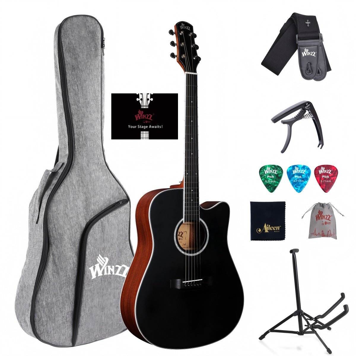 WINZZ AFM485CE acoustic-electric guitar with solid spruce top and mahogany body.