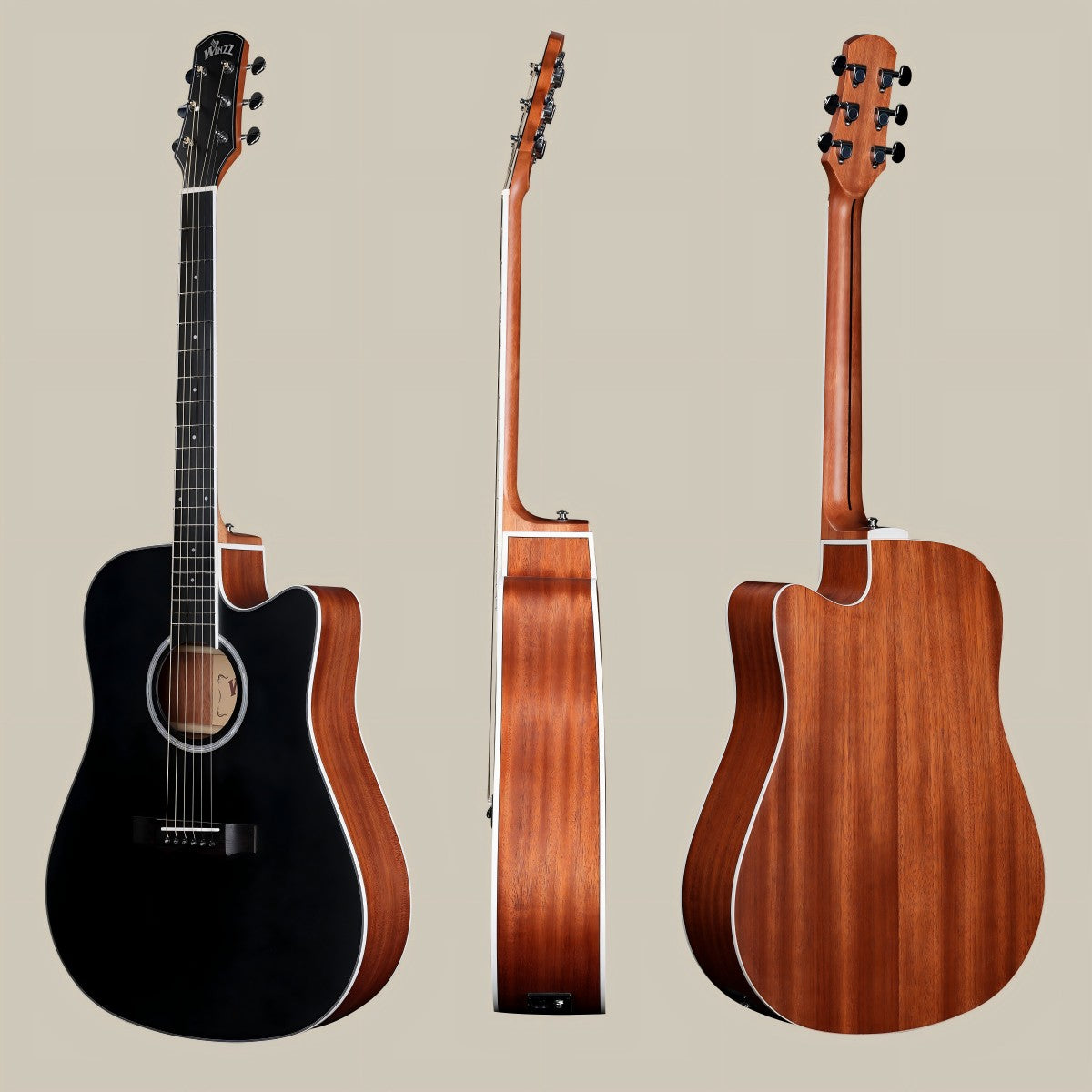 Full view of the WINZZ dreadnought guitar in black matte with its solid spruce top and stylish cutaway.