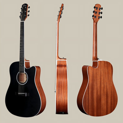 Full view of the WINZZ dreadnought guitar in black matte with its solid spruce top and stylish cutaway.