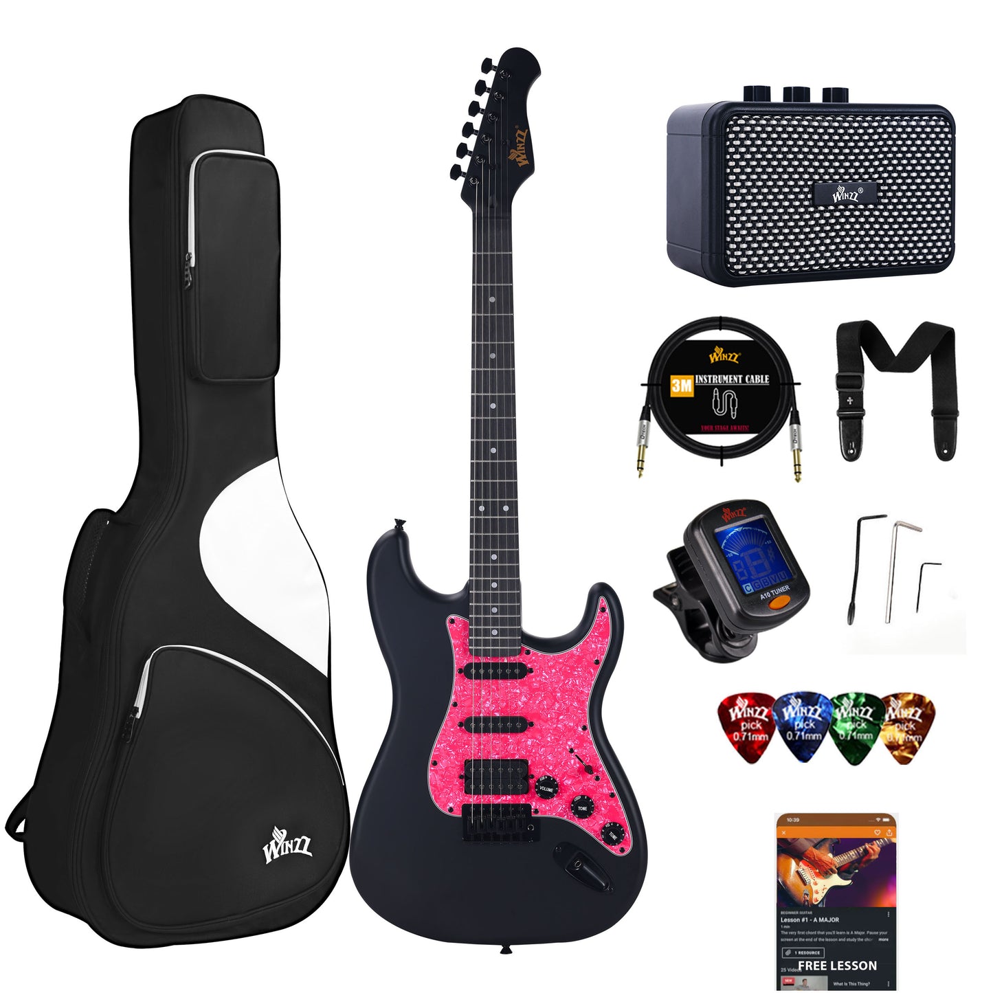 Designed for both visual appeal and comfort, the WINZZ EGS112H electric guitar comes with a blue pickguard and a strap, offering effortless playability and a rich tone