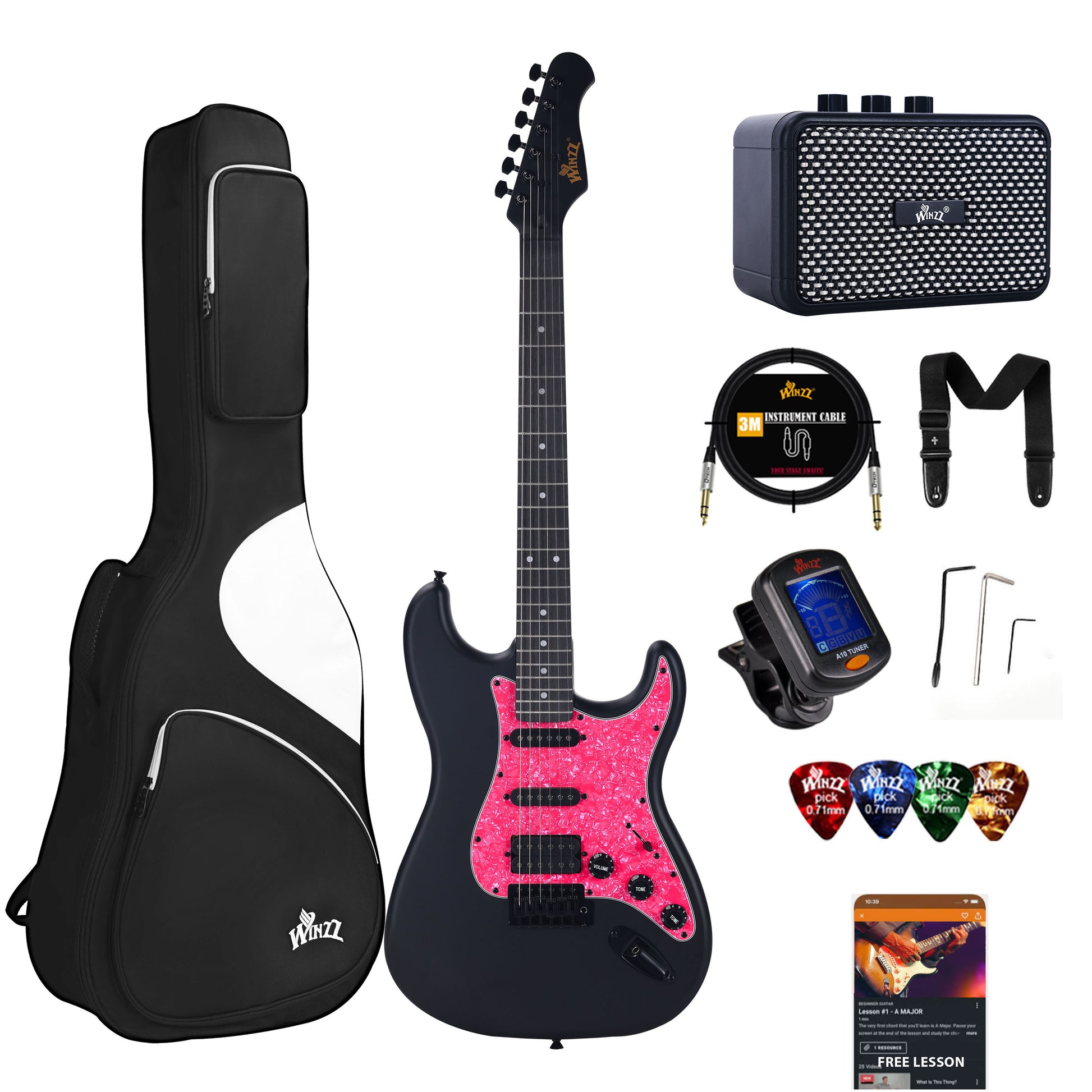 Designed for both visual appeal and comfort, the WINZZ EGS112H electric guitar comes with a blue pickguard and a strap, offering effortless playability and a rich tone