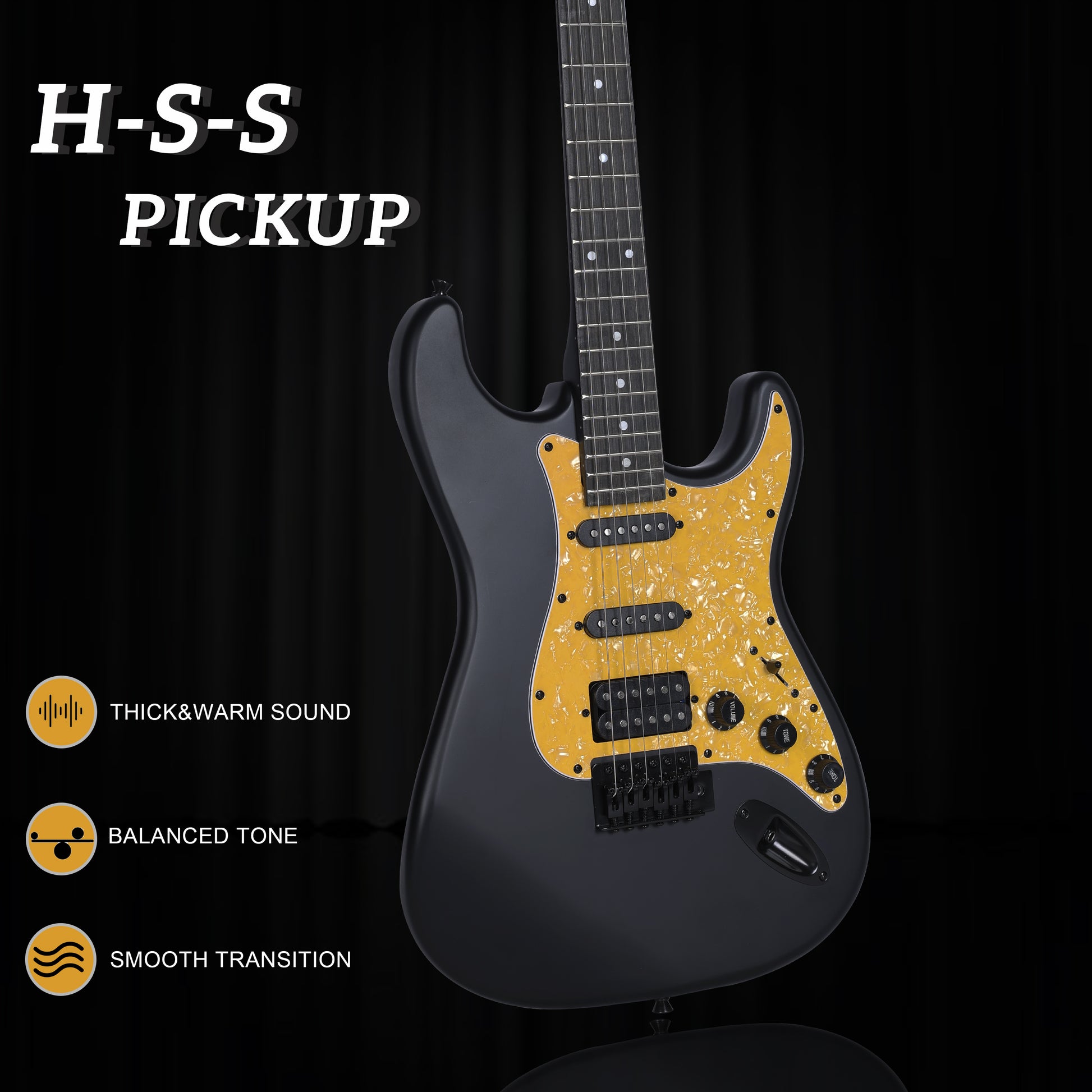 WINZZ EGS112H guitar, featuring a solid poplar wood body, blue pickguard, and ergonomic strap, blending classic design with practical performance features