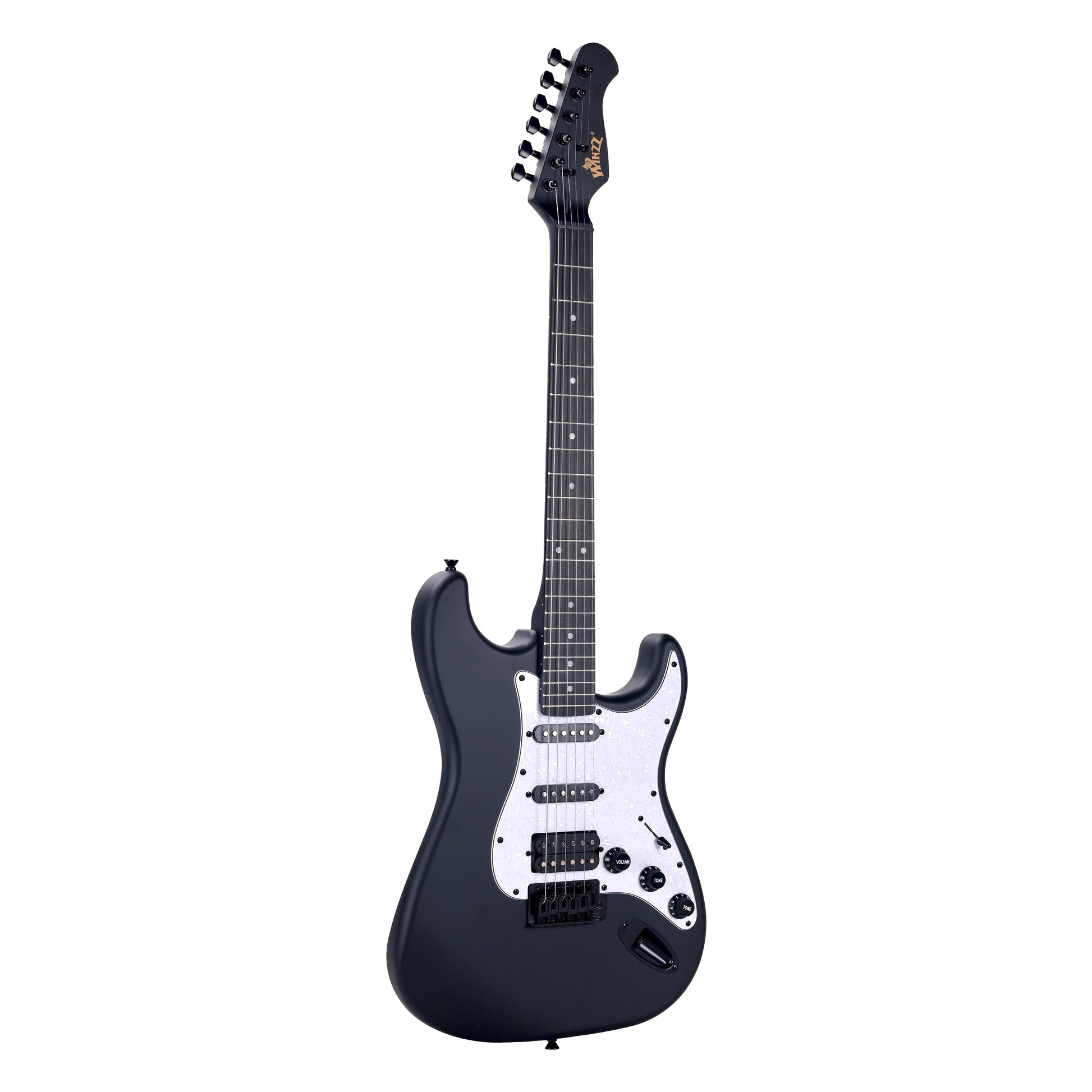 WINZZ EGS112H electric guitar with a solid poplar wood body and blue pickguard, paired with a durable strap to keep you comfortable and secure during your performance
