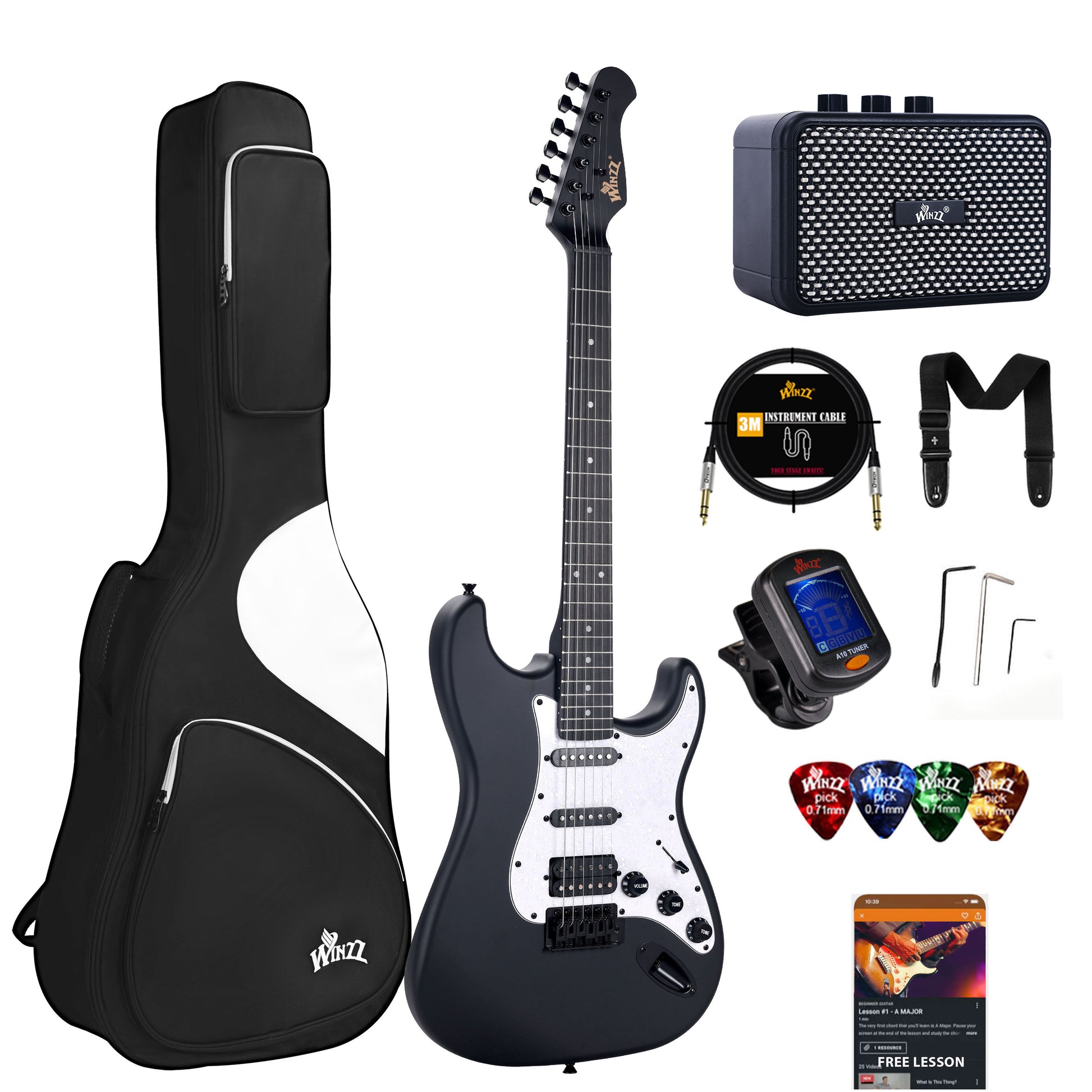 39-inch WINZZ EGS112H electric guitar featuring a solid poplar wood body and blue pickguard, with a high-quality strap designed for comfortable and long-lasting use.