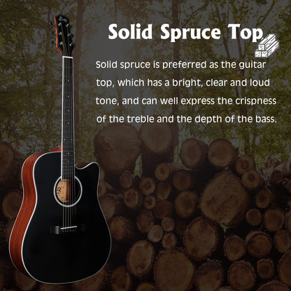Black matte acoustic-electric guitar with a solid spruce top and strengthened neck design.