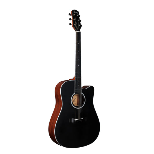 Solid spruce cutaway dreadnought acoustic-electric guitar in black matte finish, perfect for performers.