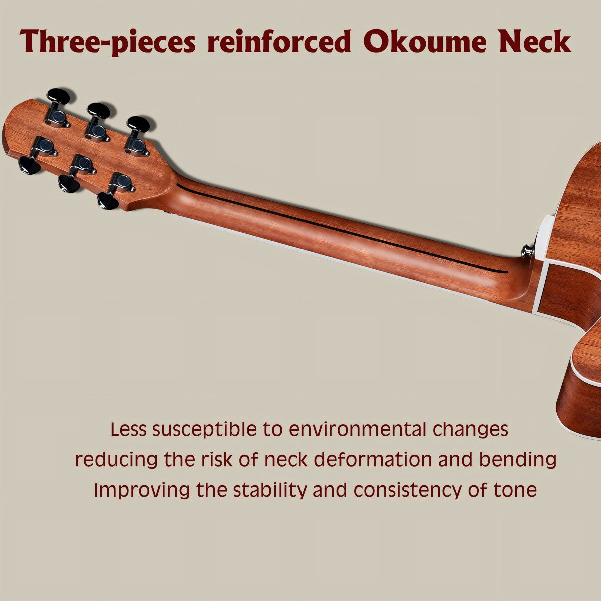 WINZZ dreadnought guitar with a three-piece reinforced neck for stability and durability.