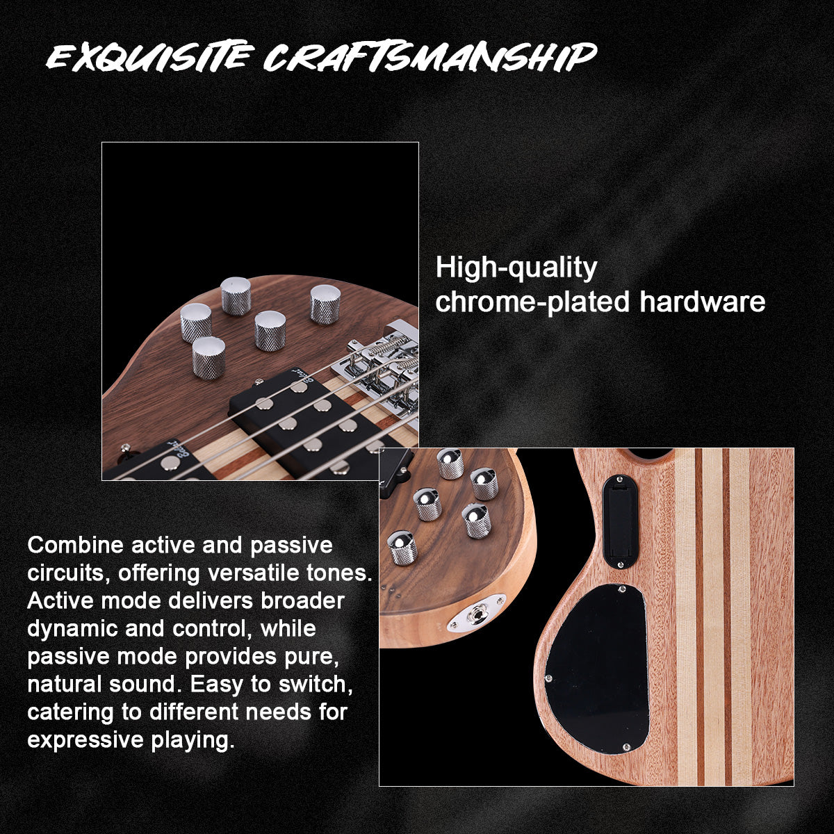 Winzz 4-String Through-Body Bass Guitar – Okoume Body with Walnut Top, Dual Humbuckers, 24 Frets