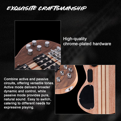 Winzz 4-String Through-Body Bass Guitar – Okoume Body with Walnut Top, Dual Humbuckers, 24 Frets