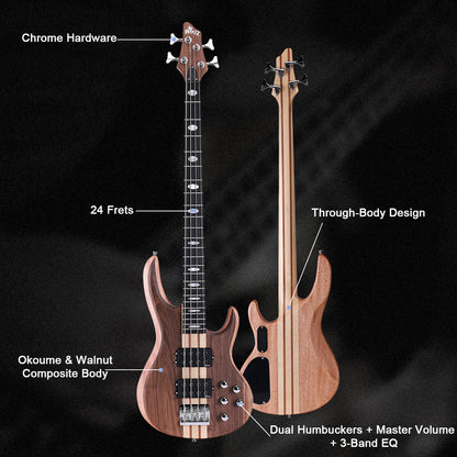 Winzz 4-String Through-Body Bass Guitar – Okoume Body with Walnut Top, Dual Humbuckers, 24 Frets