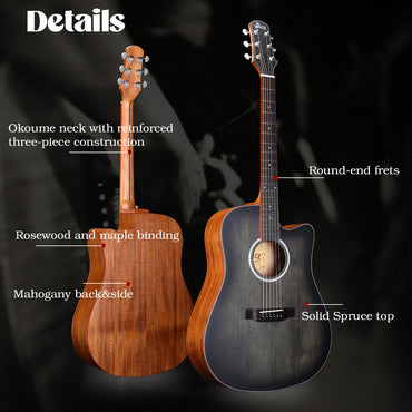 WINZZ AFM485C  Hand-Rubbed Solid Spruce Cutaway Dreadnought Acoustic Guitar