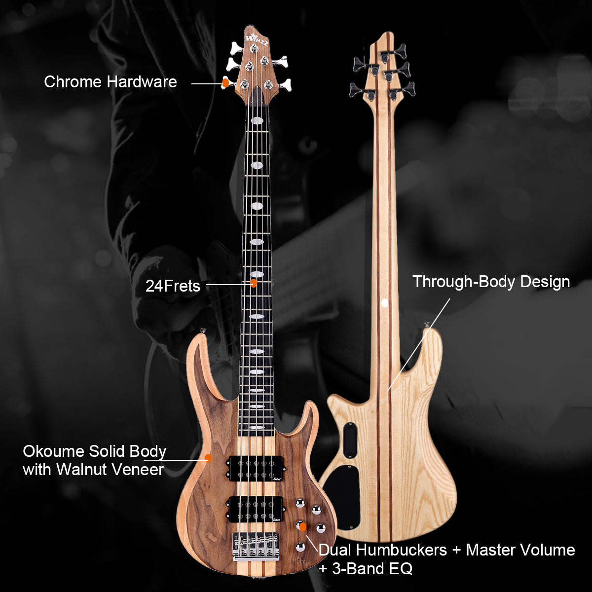 Winzz 5-String EBS715 Through-Body Okoume Body with Walnut Bass Guitar