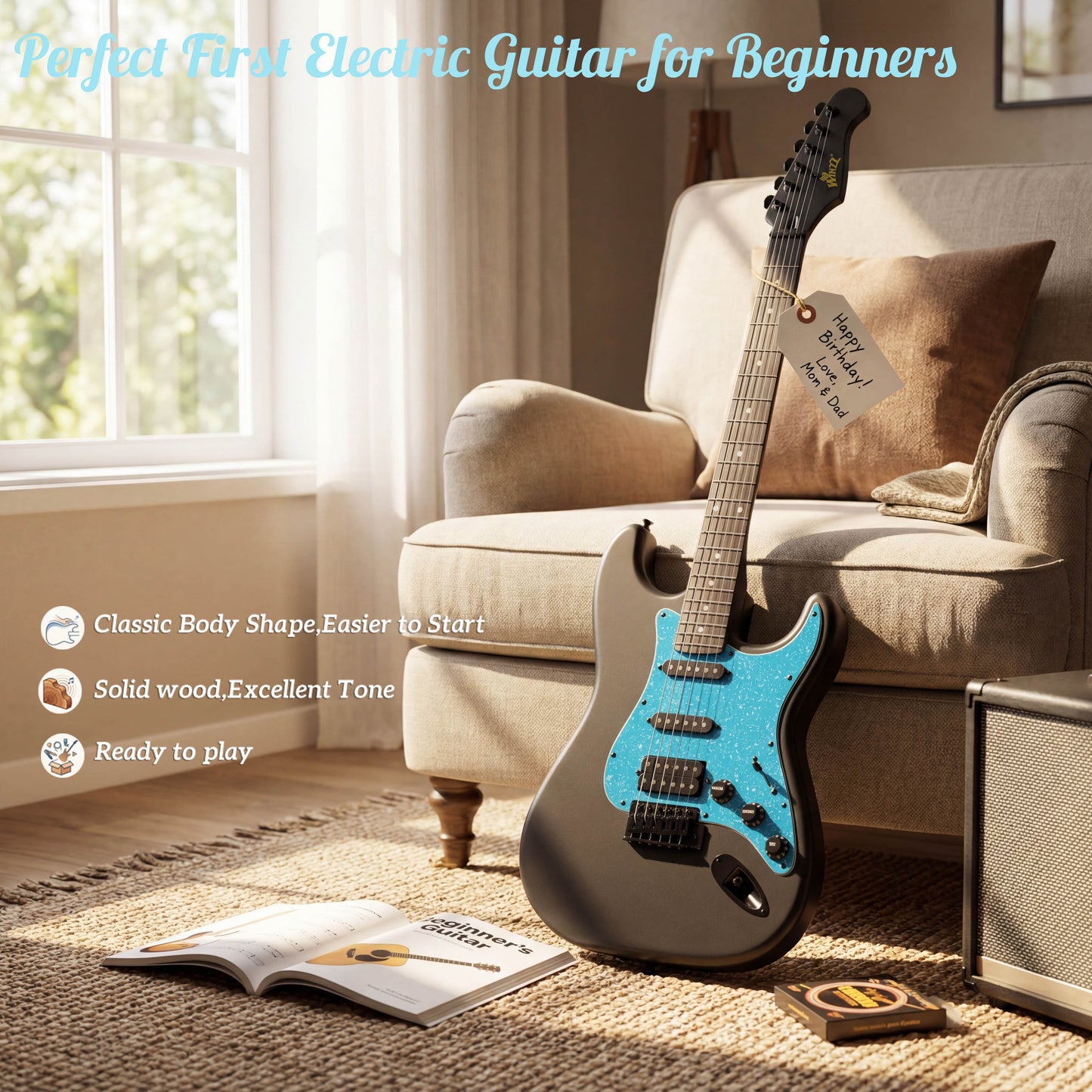 WINZZ 39-Inch EGS112H Solid Poplar Wood Electric Guitar With Blue Pickguard