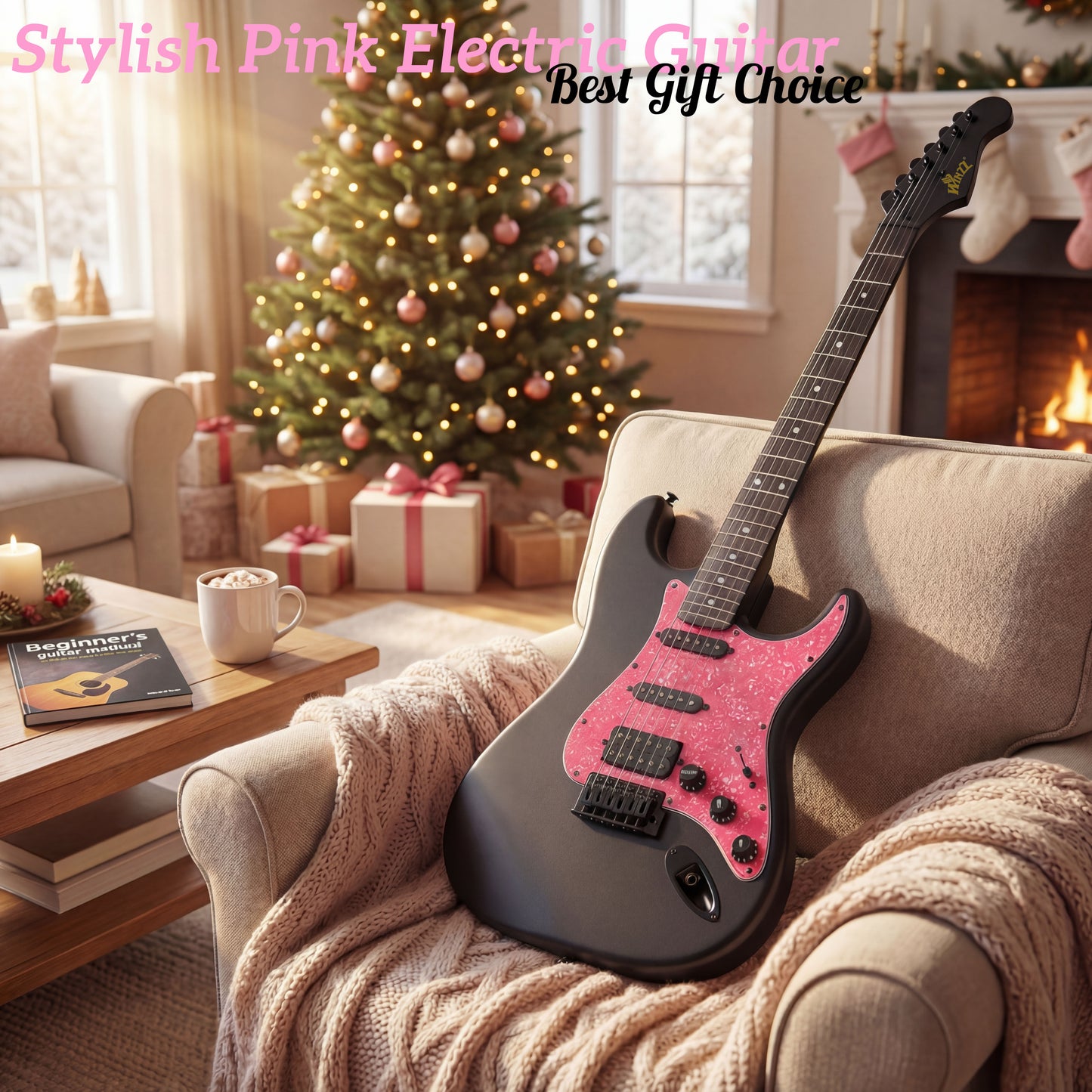 WINZZ 39-Inch EGS112H Solid Poplar Body Electric Guitar Set for Beginners With Stylish Pink Pickguard
