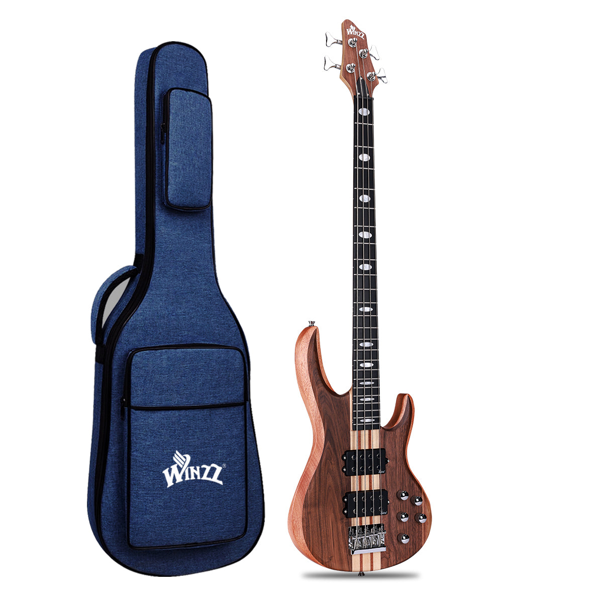 Winzz 4-String Through-Body Bass Guitar – Okoume Body with Walnut
