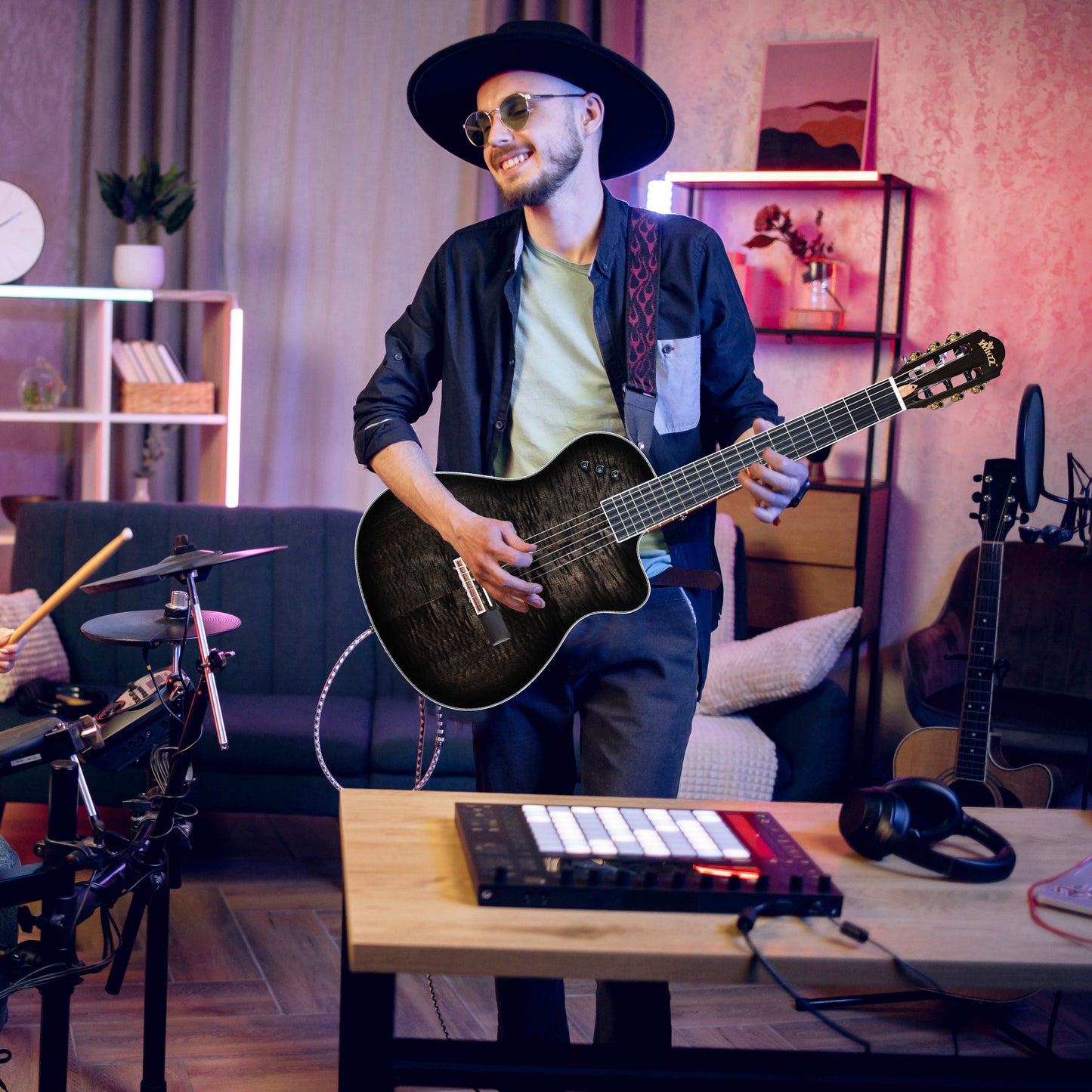 WINZZ WCG170CE 39-Inch Thin Body Classical-Electric Guitar - Nylon Strings, Built-in Preamp, Wide fingerboard,Perfect for Stage and Practice