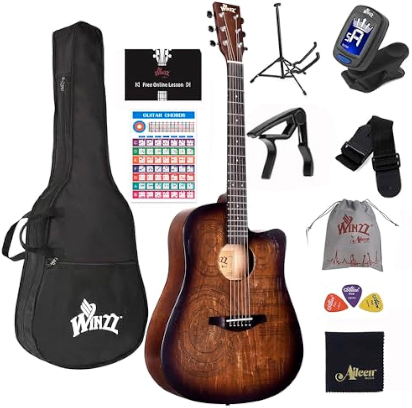 WINZZ AF-HE00LC 41-Inch Cutaway Carved Design Acoustic Guitar