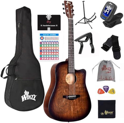 WINZZ AF-HE00LC 41-Inch Cutaway Carved Design Acoustic Guitar