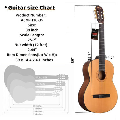 WINZZ ACM-H10 39-Inch Solid Spruce Full Size Classical Guitar for beginners - winzzguitars
