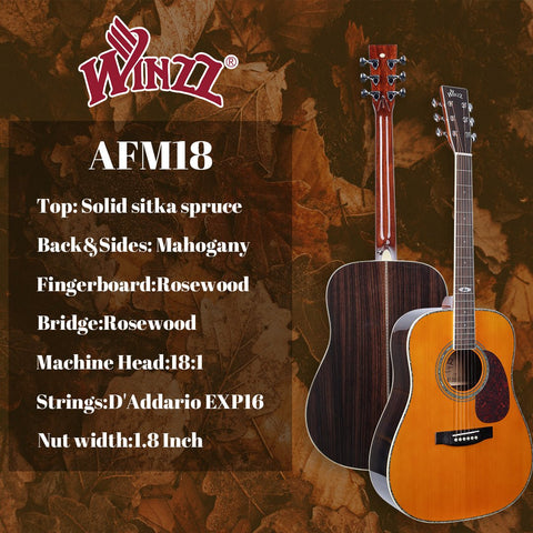 WINZZ AFM18H-MTC Solid Stika Spruce Dreadnought Acoustic Guitar with Reinforced Carbon Fiber Neck - winzzguitars