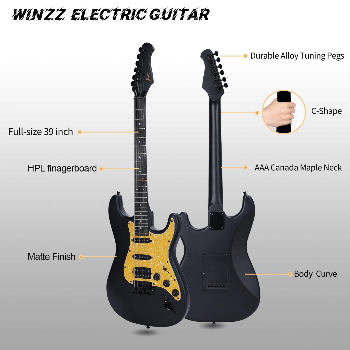 WINZZ EGS112H-BKM 39-inch ST Solid Poplar wood Electric Guitar Kit HSS Pickup，Black Matte - winzzguitars